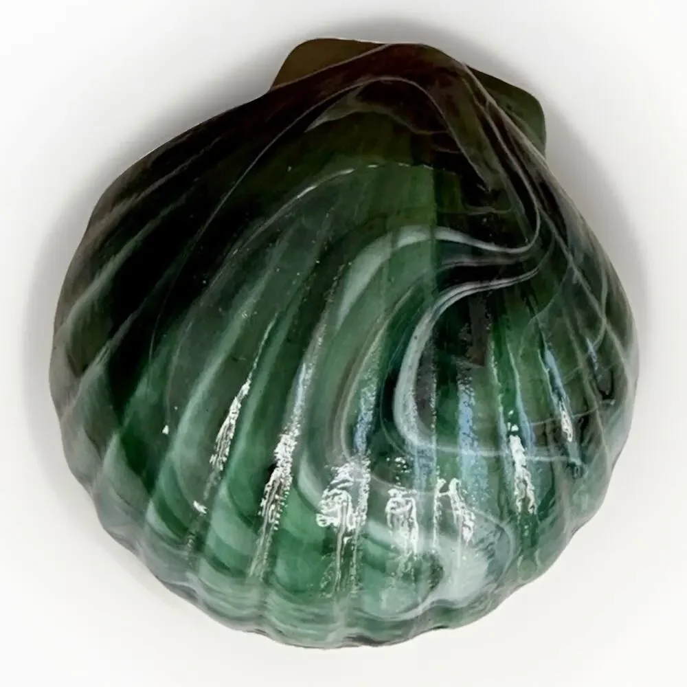 Vintage Green Swirl Sea Shell Shaped Hand Made Signed Art Glass Paperweight 5x5